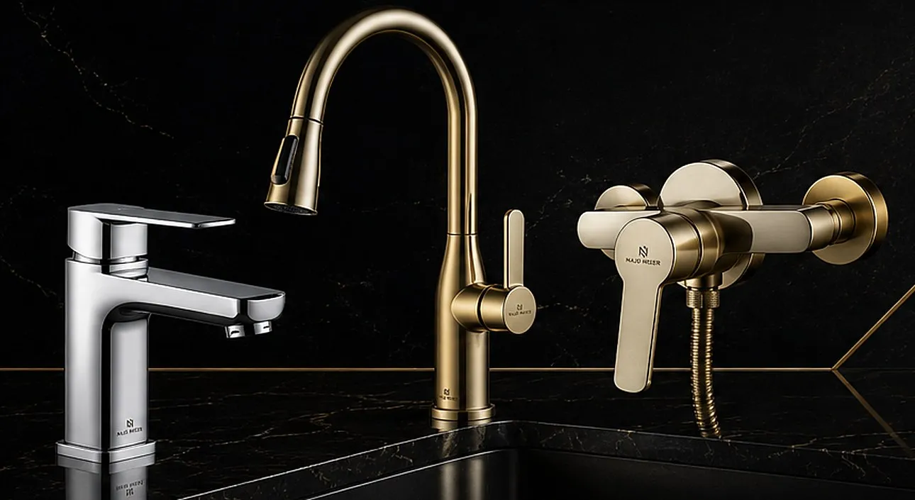 A chrome basin mixer, a gold kitchen mixer and a gold shower mixer by Najd Mixer on black marble